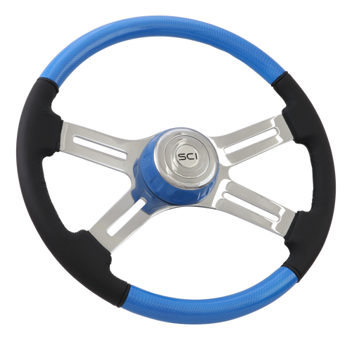 Combo "Blue" Carbon Fiber - 18" Painted Wood & Leather Rim, Chrome 4-Spoke w/Slot Cut Outs, Matching Bezel, Chrome HB - Logo