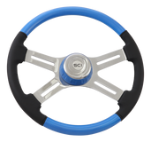 Combo "Blue" Carbon Fiber - 18" Painted Wood & Leather Rim, Chrome 4-Spoke w/Slot Cut Outs, Matching Bezel, Chrome HB - Logo