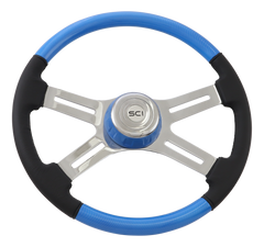 Combo "Blue" Carbon Fiber - 18" Painted Wood & Leather Rim, Chrome 4-Spoke w/Slot Cut Outs, Matching Bezel, Chrome HB - Logo