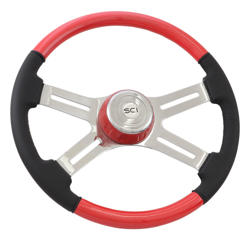 Combo "Viper Red" Carbon Fiber - 18" Painted Wood & Leather Rim, Chrome 4-Spoke w/Slot Cut Outs, Matching Bezel, Chrome HB - Logo