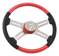 Combo "Viper Red" Carbon Fiber - 18" Painted Wood & Leather Rim, Chrome 4-Spoke w/Slot Cut Outs, Matching Bezel, Chrome HB - Logo