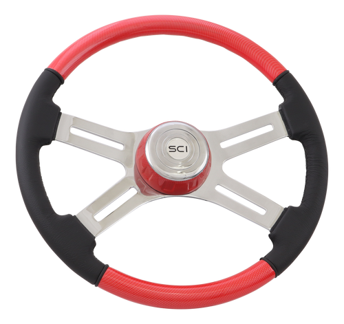 Combo "Viper Red" Carbon Fiber - 18" Painted Wood & Leather Rim, Chrome 4-Spoke w/Slot Cut Outs, Matching Bezel, Chrome HB - Logo