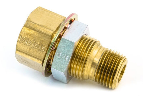 Bulkhead Fitting 1/2" MPT, 1/4" FPT One End and 1/2" FPT Other End, 1" -14 Mounting Thread, 2-1/4" Overall Length