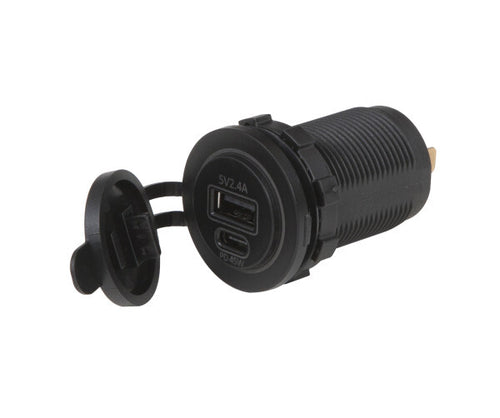 Dual USB Socket, Type A + C, Power Delivery, Round, 12/24 V