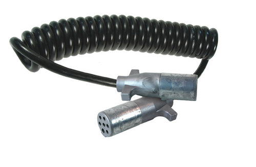 7 Way Standard Coiled Cable with Zinc Plugs, 1/10-6/12 GA Black Jacket, 12ft, 12" Leads