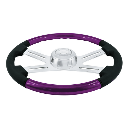 18" Leather & Wood Candy Color 4 Spoke Steering Wheel With Chrome Horn Bezel-Candy Purple