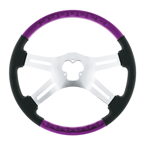 18" Leather & Wood Candy Color 4 Spoke Steering Wheel With Chrome Horn Bezel-Candy Purple