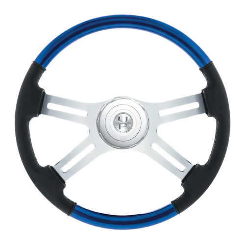 18" Leather & Wood Candy Color 4 Spoke Steering Wheel With Chrome Horn Bezel-Indigo Blue
