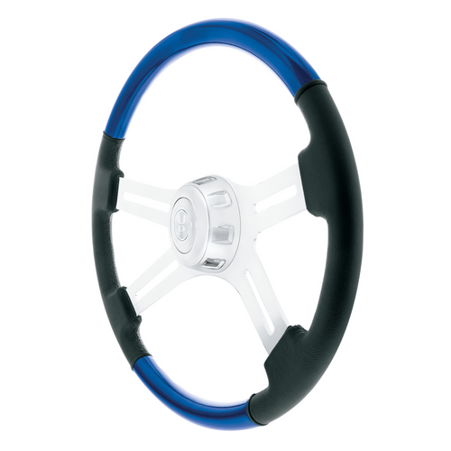 18" Leather & Wood Candy Color 4 Spoke Steering Wheel With Chrome Horn Bezel-Indigo Blue
