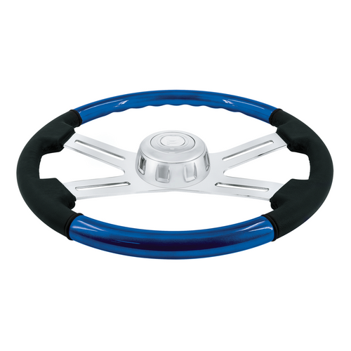 18" Leather & Wood Candy Color 4 Spoke Steering Wheel With Chrome Horn Bezel-Indigo Blue