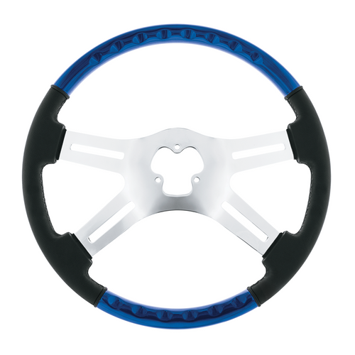 18" Leather & Wood Candy Color 4 Spoke Steering Wheel With Chrome Horn Bezel-Indigo Blue