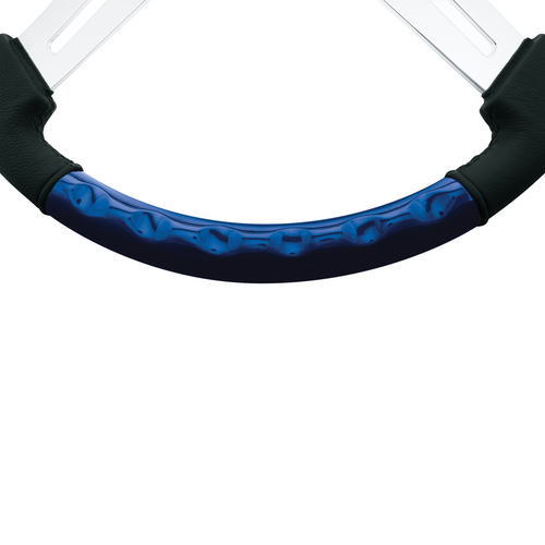 18" Leather & Wood Candy Color 4 Spoke Steering Wheel With Chrome Horn Bezel-Indigo Blue