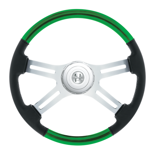 18" Leather & Wood Candy Color 4 Spoke Steering Wheel With Chrome Horn Bezel-Candy Apple Green