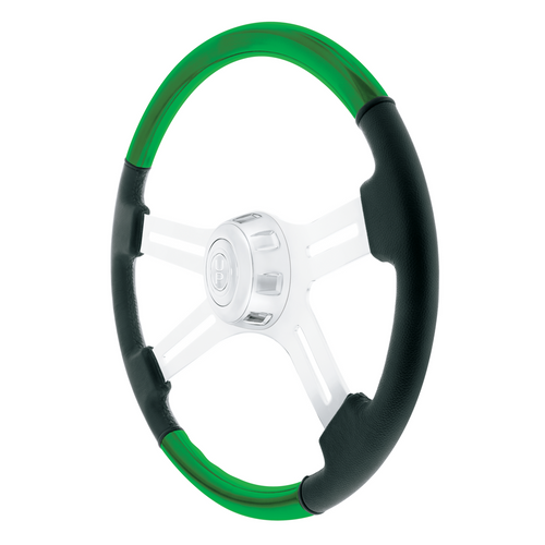 18" Leather & Wood Candy Color 4 Spoke Steering Wheel With Chrome Horn Bezel-Candy Apple Green