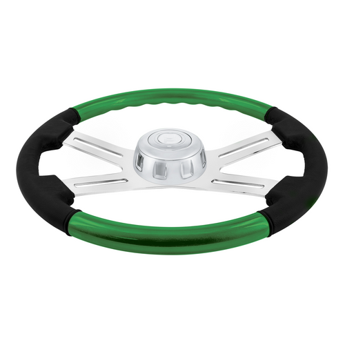 18" Leather & Wood Candy Color 4 Spoke Steering Wheel With Chrome Horn Bezel-Candy Apple Green
