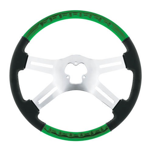 18" Leather & Wood Candy Color 4 Spoke Steering Wheel With Chrome Horn Bezel-Candy Apple Green