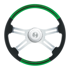 18" Leather & Wood Candy Color 4 Spoke Steering Wheel With Chrome Horn Bezel-Emerald Green