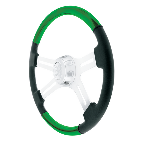 18" Leather & Wood Candy Color 4 Spoke Steering Wheel With Chrome Horn Bezel-Emerald Green