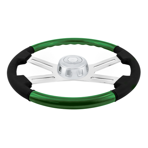 18" Leather & Wood Candy Color 4 Spoke Steering Wheel With Chrome Horn Bezel-Emerald Green