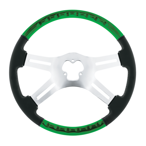 18" Leather & Wood Candy Color 4 Spoke Steering Wheel With Chrome Horn Bezel-Emerald Green