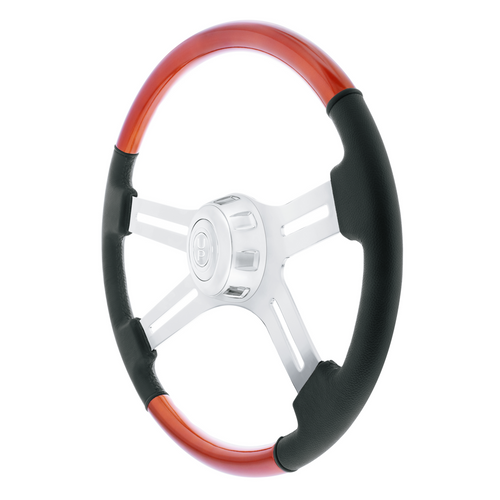 18" Leather & Wood Candy Color 4 Spoke Steering Wheel With Chrome Horn Bezel-Cadmium Orange