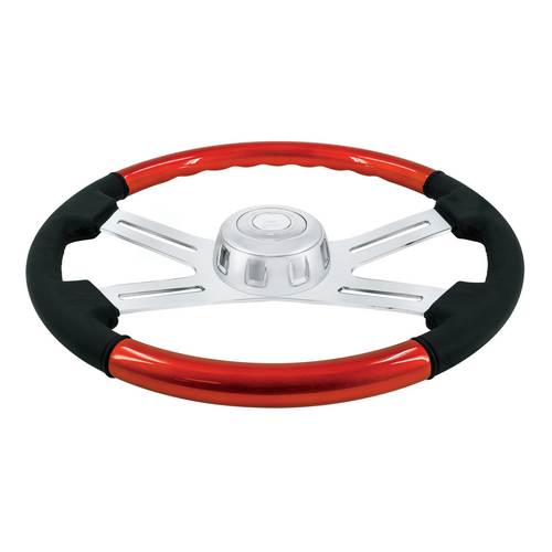 18" Leather & Wood Candy Color 4 Spoke Steering Wheel With Chrome Horn Bezel-Cadmium Orange