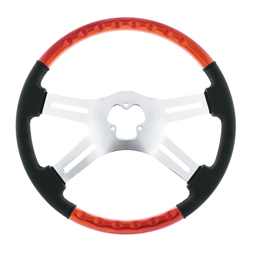 18" Leather & Wood Candy Color 4 Spoke Steering Wheel With Chrome Horn Bezel-Cadmium Orange