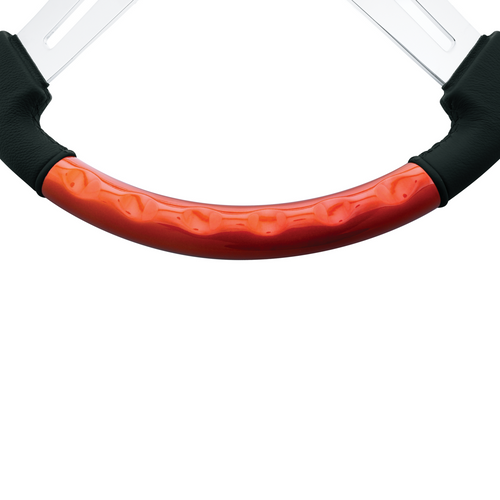 18" Leather & Wood Candy Color 4 Spoke Steering Wheel With Chrome Horn Bezel-Cadmium Orange