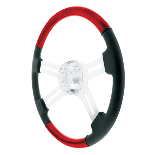 18" Leather & Wood Candy Color 4 Spoke Steering Wheel With Chrome Horn Bezel-Candy Red