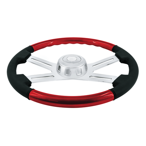 18" Leather & Wood Candy Color 4 Spoke Steering Wheel With Chrome Horn Bezel-Candy Red