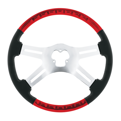 18" Leather & Wood Candy Color 4 Spoke Steering Wheel With Chrome Horn Bezel-Candy Red