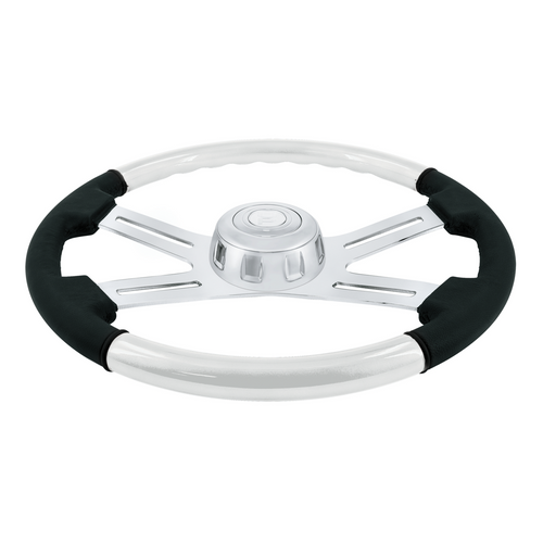 18" Leather & Wood Candy Color 4 Spoke Steering Wheel With Chrome Horn Bezel-Pearl White