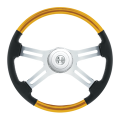18" Leather & Wood Candy Color 4 Spoke Steering Wheel With Chrome Horn Bezel-Electric Yellow
