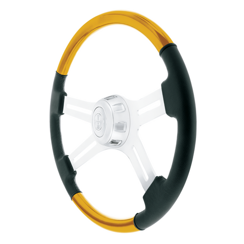 18" Leather & Wood Candy Color 4 Spoke Steering Wheel With Chrome Horn Bezel-Electric Yellow