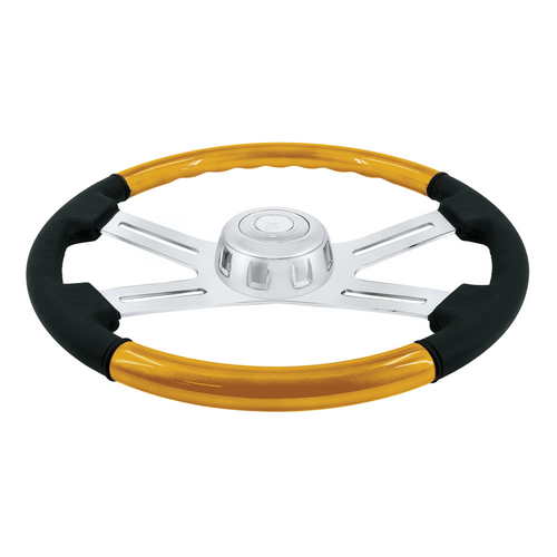 18" Leather & Wood Candy Color 4 Spoke Steering Wheel With Chrome Horn Bezel-Electric Yellow