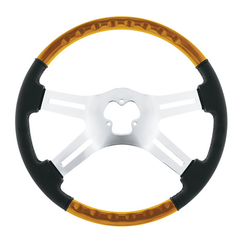 18" Leather & Wood Candy Color 4 Spoke Steering Wheel With Chrome Horn Bezel-Electric Yellow