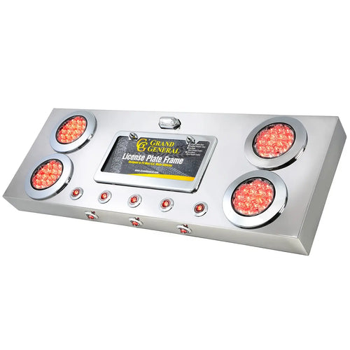 Stainless Steel Rear Center Light Panel with 4" & 1" LEDs, License Plate and Under Glow Effect Red Clear