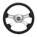 6" Steering Wheel Black Microfiber Chrome 4-Spoke w/ Slot Cut Outs Chrome Horn Button - Logo