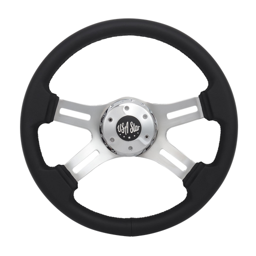 18” Steering Wheel Black Microfiber Chrome 4-Spoke w/ Slot Cut Outs Chrome Horn Button Logo