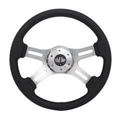 6" Steering Wheel Black Microfiber Chrome 4-Spoke w/ Slot Cut Outs Chrome Horn Button - Logo