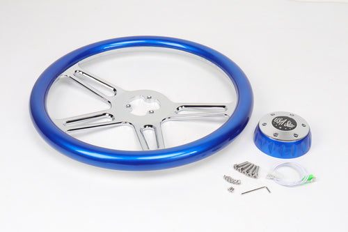 18” Steering Wheel BLUE Chrome 4-Spoke w/ Slot Cut Outs Chrome Horn Button - Logo