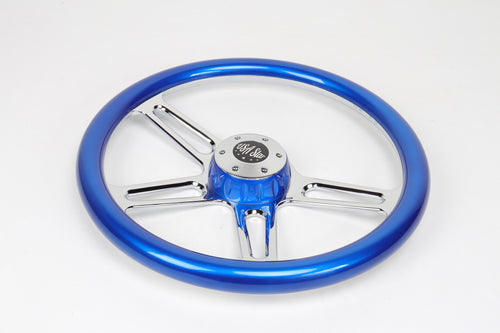 18” Steering Wheel BLUE Chrome 4-Spoke w/ Slot Cut Outs Chrome Horn Button - Logo