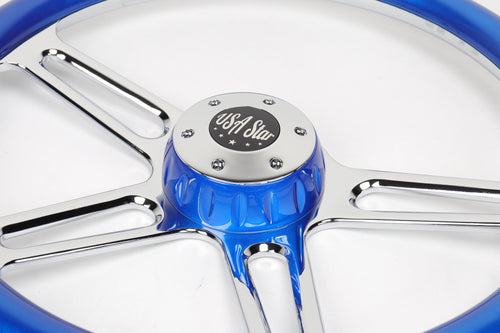 18” Steering Wheel BLUE Chrome 4-Spoke w/ Slot Cut Outs Chrome Horn Button - Logo