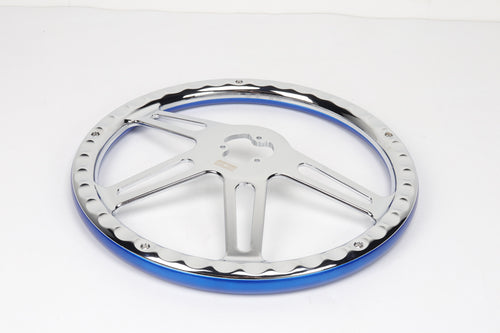 18” Steering Wheel BLUE Chrome 4-Spoke w/ Slot Cut Outs Chrome Horn Button - Logo