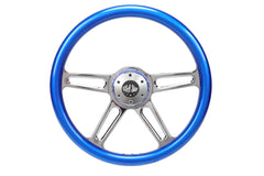 18” Steering Wheel BLUE Chrome 4-Spoke w/ Slot Cut Outs Chrome Horn Button - Logo