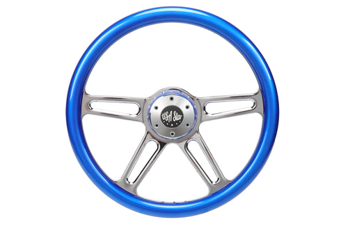 18” Steering Wheel BLUE Chrome 4-Spoke w/ Slot Cut Outs Chrome Horn Button - Logo