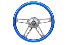 18” Steering Wheel BLUE Chrome 4-Spoke w/ Slot Cut Outs Chrome Horn Button - Logo