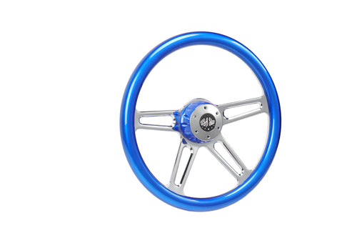 18” Steering Wheel BLUE Chrome 4-Spoke w/ Slot Cut Outs Chrome Horn Button - Logo