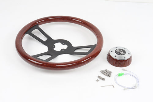 18” Steering Wheel (Wood Black SPOKE) Chrome 3-Spoke w/ Slot Cut Outs Chrome Horn Button Logo