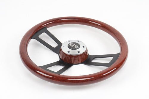16" Steering Wheel (Wood Black SPOKE) Chrome 3-Spoke w/ Slot Cut Outs Chrome Horn Button - Logo